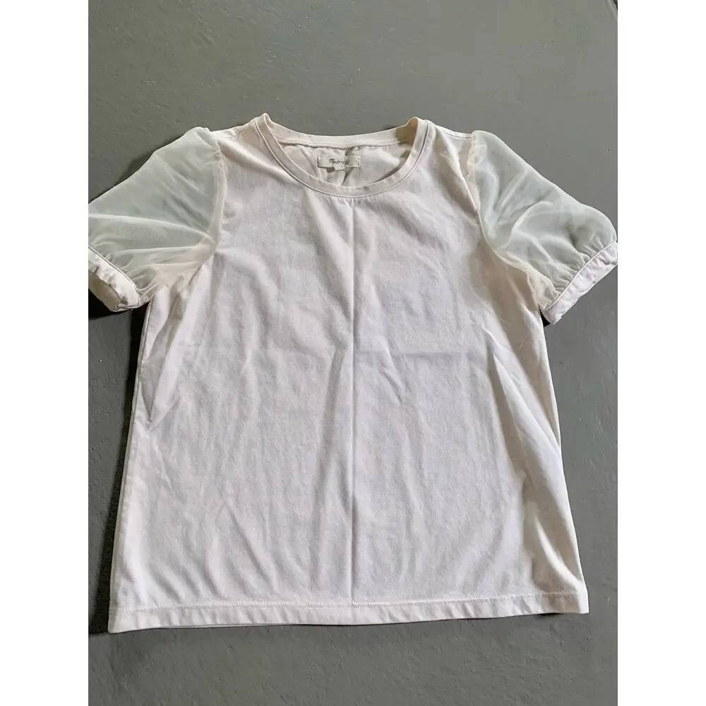 Madewell Beige Puff Sleeve Top XS Sheer Lightweight Neutral Blouse